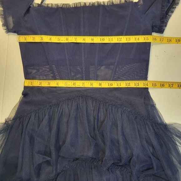 Betsy & Adam Navy Blue Off-Shoulder Formal See Through Corset Prom Dress - Picture 15 of 16